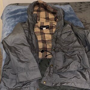 Lands' End Gray Puffer Jacket with Plaid Lining
